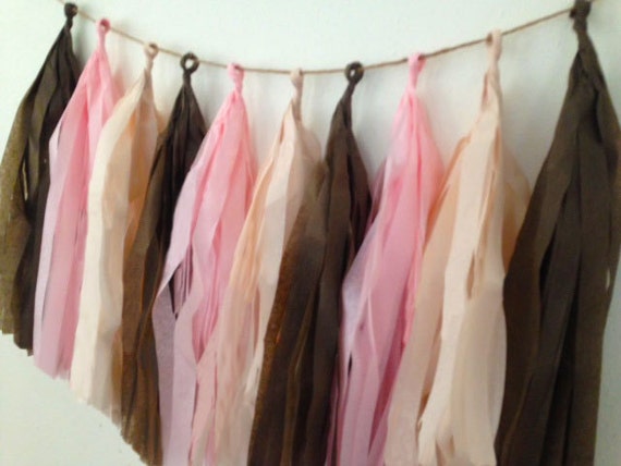 Tassel garland, tissue tassel garland, pink and brown nursery decor, pink, cream and brown for a baby shower, wedding, birthday