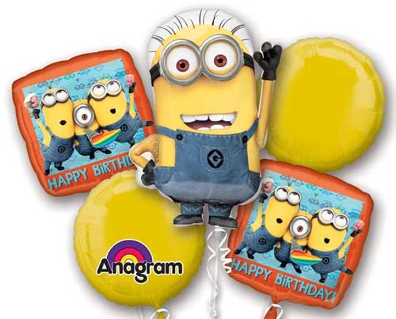 Minion Balloon Bouquet, 5 Piece Balloon Bouquet, Rise of Gru Birthday Balloons, Foil Balloon Bouquet, Minions Birthday Party,  Despicable Me