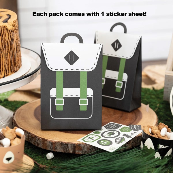 Backpack Treat Bags w/ Stickers for a Camping Birthday. Party Favor Container, Backyard Birthday Goodie Bag Kids Adventure Party Theme Decor