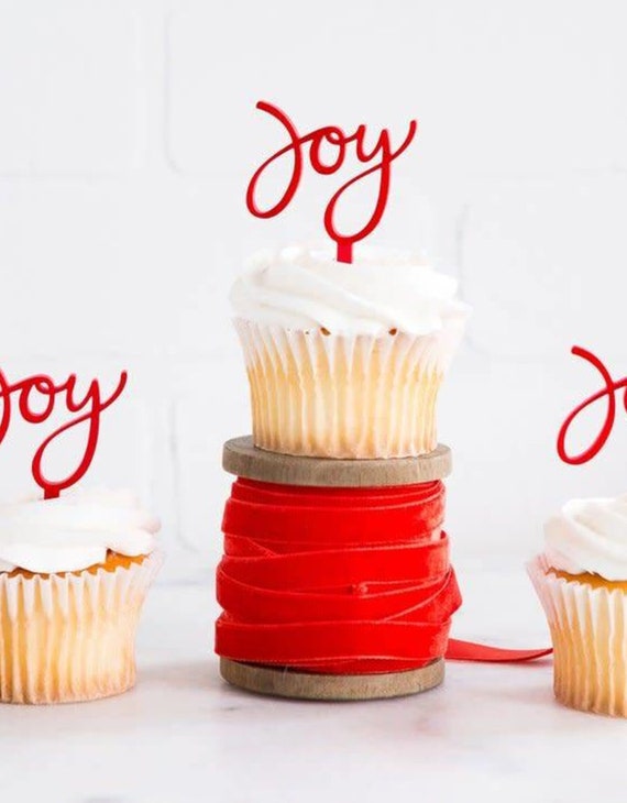 JOY Cupcake Toppers 8 pieces, Christmas cupcake picks, Red Holiday cupcake toppers, Christmas Party cupcake decor , New Year's Party