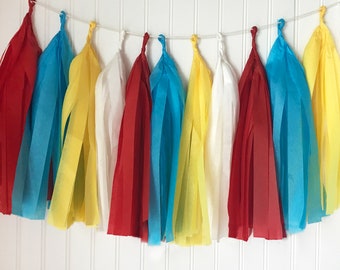 Carnival Party Tassel Garland  Circus Themed Party Ideas, Birthday Backdrop Decorations, Theme Red, White, Yellow and Aqua Party Decor