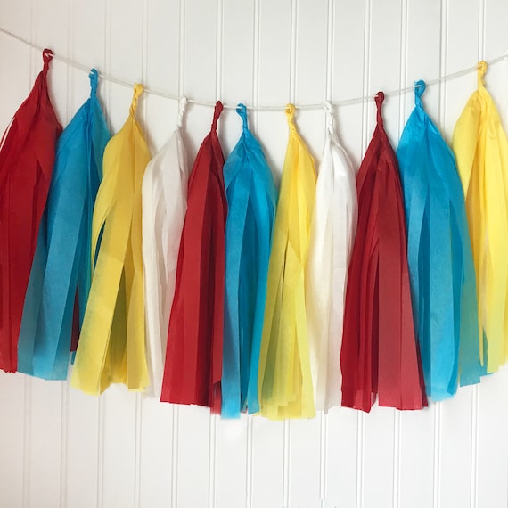 Carnival Party Tassel Garland  Circus Themed Party Ideas, Birthday Backdrop Decorations, Theme Red, White, Yellow and Aqua Party Decor