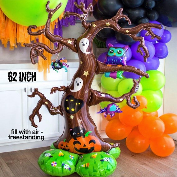 Scary Spooky Tree Balloon with Owls, Black Cats, Ghosts, Spiders, and Bats!  AirLoonz Freestanding, HUGE Haunted House Party Decor, Scary