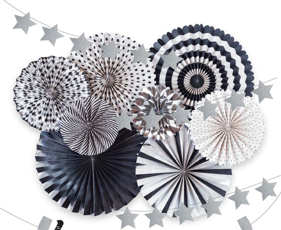 Graduation 2024 fans, Black, Silver & White Fans Decorations, Backdrop, Modern Farmhouse Wedding, Cake Table Decor, Mantle decor