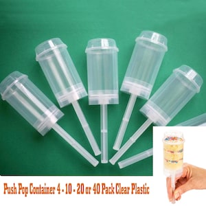 May include: Clear plastic push pop containers with a plunger to push out the contents. The containers are shown in a 4, 10, 20, or 40 pack.  The containers are ideal for holding small treats, such as cake pops, cookies, or candies.