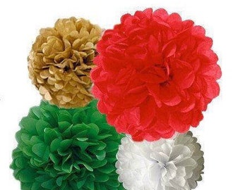 Christmas tissue poms in Red, Green, White, Gold, tissue paper pom pom flower, Holiday Paper flowers, Party Decor Italian Party decorations