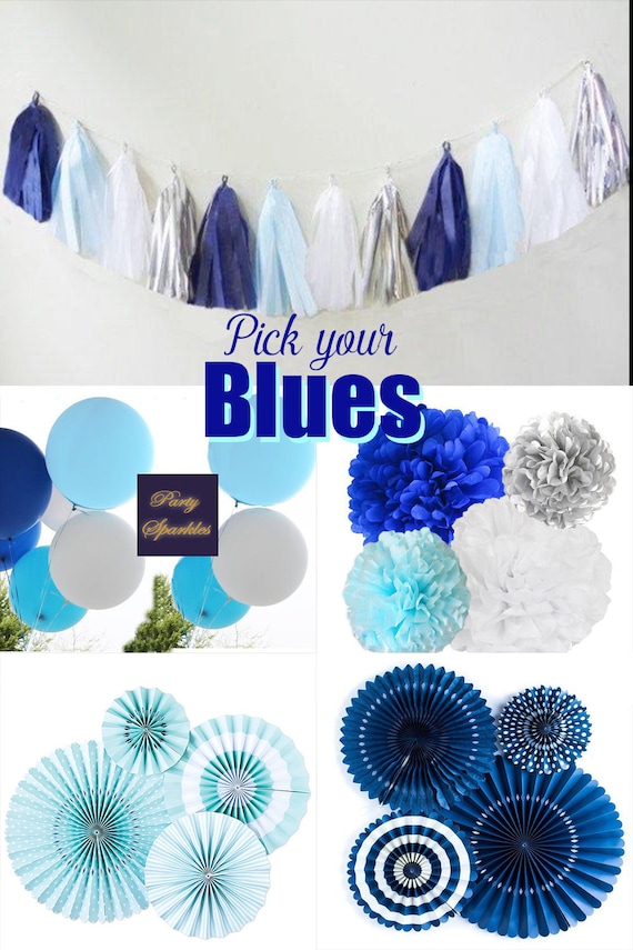 Navy Blue, Light Blue, Silver and White Tissue Tassel Garland for Birthday Party Decor Boy Baby Shower Decoration Wedding Birthday Holiday