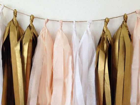 Tassel garland assembled, baby shower, wedding, birthday, decorations, tissue, Rose gold, Baby pink, white, vintage gold, blush peach decor