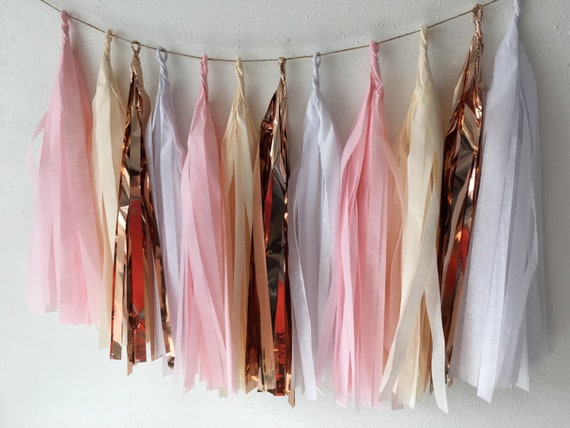 Boho ASSEMBLED Tassel Garland, Tissue Paper Tassel Decor rose gold, blush &  Ivory Party decorations, shower, birthday party balloon decor