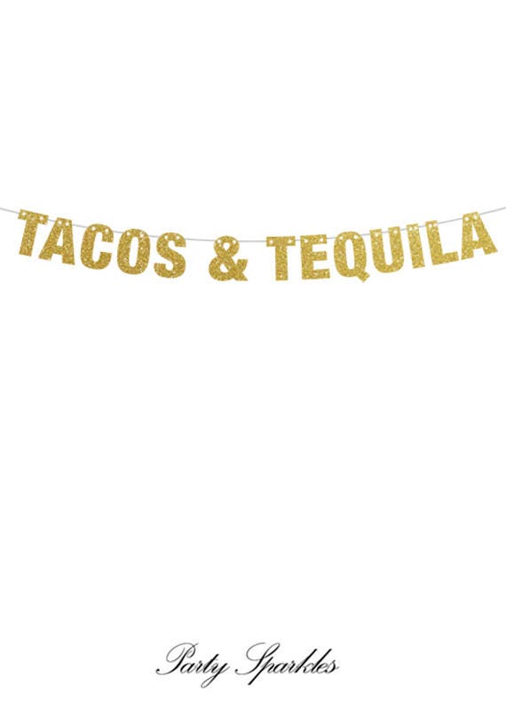 Tacos & Tequila Banner, Fiesta Banner, Taco Party, Taco Tuesdays Tacos and Tequila Party Banner in  Gold, Silver, Black, ink