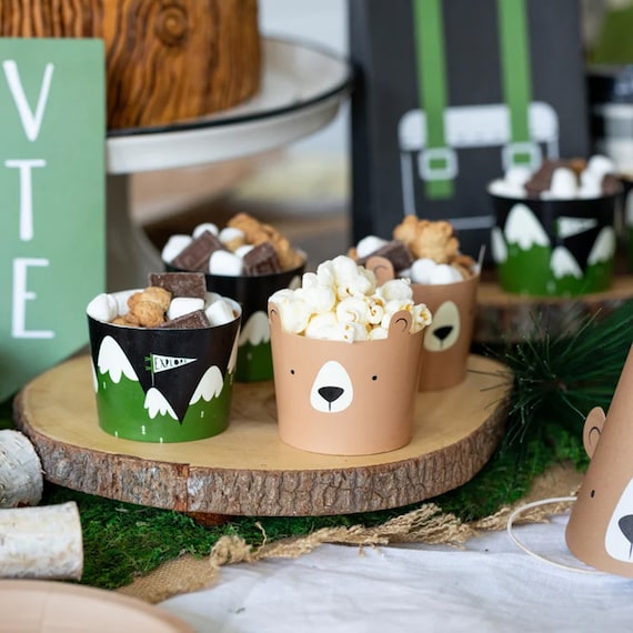 Treat Cups, Cupcake Baking Cups, Adventure Camping Birthday Party, Woodland Baby Shower, One Happy Camper, Wilderness Outdoors Theme Decor