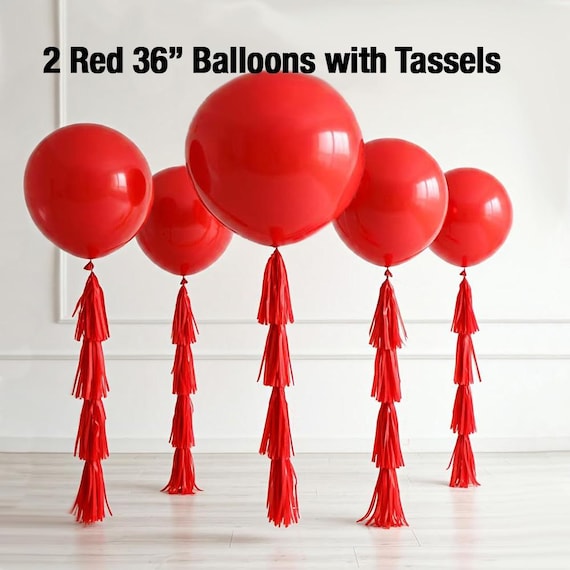 2 Pack Red Christmas 36" BIG Balloons with Red Tassels - DIY tassels, Wedding, Holiday Party Decor  Latex Balloons, Holiday Party Decor