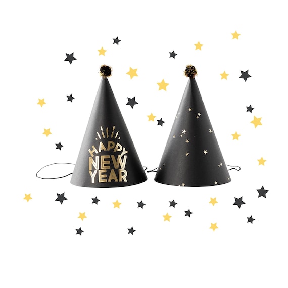 New Year's Eve Party Hats 2026, 8 Black / Gold Cone Hats, Confetti Poppers, Balloons, Champagne Flute Banners, Tassel & Pom Decor