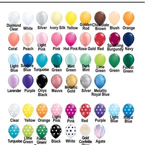 Puede incluir: Un gr&aacute;fico de globos de l&aacute;tex de 28 cm de di&aacute;metro en varios colores y patrones. Los globos est&aacute;n dispuestos en filas y columnas, con cada globo etiquetado con su color o patr&oacute;n. El gr&aacute;fico incluye colores como blanco, plateado, marfil, amarillo, naranja, rojo, rosa, morado, azul, verde, negro y dorado. El gr&aacute;fico tambi&eacute;n incluye patrones como lunares, rayas y confeti.