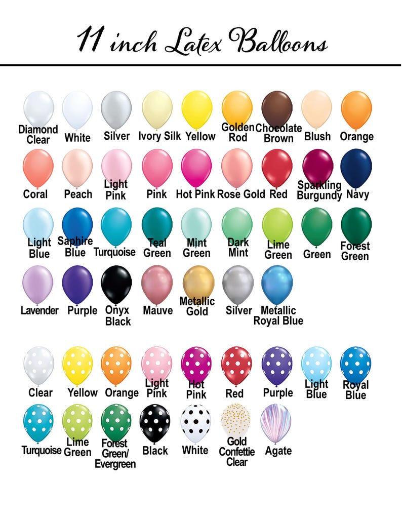 Puede incluir: Un gr&aacute;fico de globos de l&aacute;tex de 28 cm de di&aacute;metro en varios colores y patrones. Los globos est&aacute;n dispuestos en filas y columnas, con cada globo etiquetado con su color o patr&oacute;n. El gr&aacute;fico incluye colores como blanco, plateado, marfil, amarillo, naranja, rojo, rosa, morado, azul, verde, negro y dorado. El gr&aacute;fico tambi&eacute;n incluye patrones como lunares, rayas y confeti.