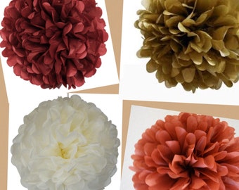 Fall Thanksgiving tissue paper poms decor Ivory, Pumpkin Spice , burgundy, antique gold, Weddings, Bridal Shower, Birthday, Party