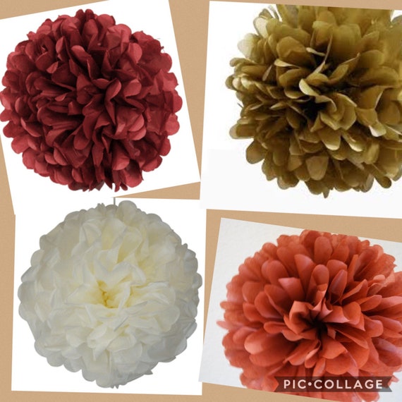 Fall Thanksgiving tissue paper poms decor Ivory, Pumpkin Spice , burgundy, antique gold, Weddings, Bridal Shower, Birthday, Party