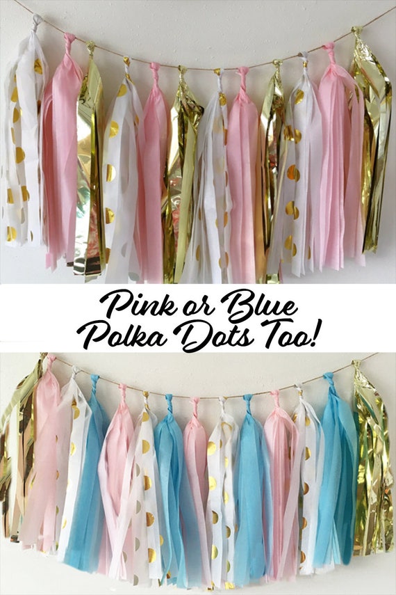 Gender Reveal tassels Pink and Blue Tassels, Gold Polka Dots, Baby Shower Decor, Polka Dot Party Decorations, Dot Party, Light Pink and Blue