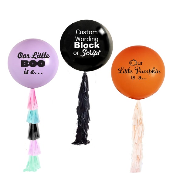 Halloween Gender Reveal Balloon w/ tassel & confetti, Little Boo or Pumpkin is a, Boo-y or Ghoul, Pastel and Modern Neutral, Custom name
