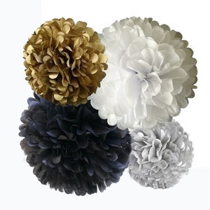 Black, White & Gold Party Poms Decoration, Graduation Tissue Paper Poms, 4 Pieces, Wedding Decor, Prom Centerpiece ideas