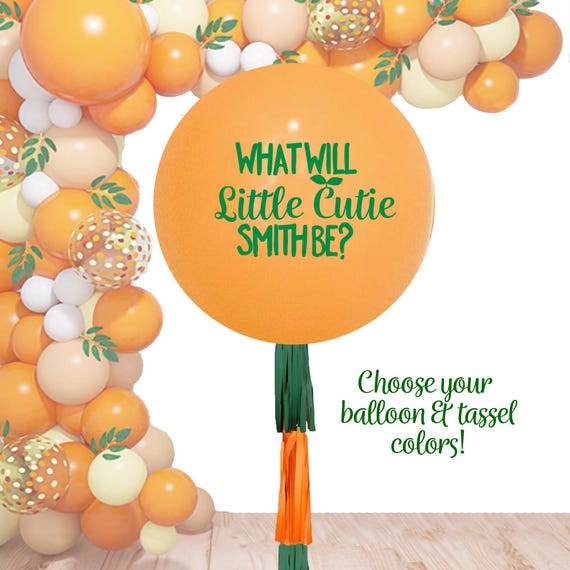 Cutie Gender Reveal What will our Little Cutie Be? Personalized Name Jumbo Balloon w/ Tassels  3 Foot (36”) Custom Colors Kit with Confetti