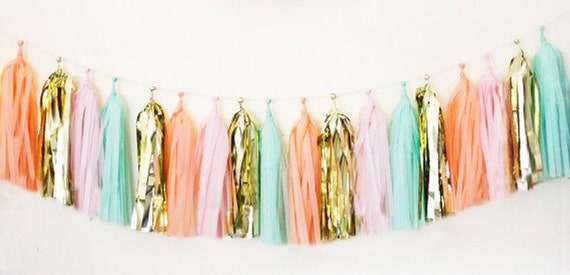 Tassel garland Mint, Light Pink, Metallic Gold and Peach, Pastel Party Decorations, Wedding, Mother's Day, Tissue Tassel garland Baby shower