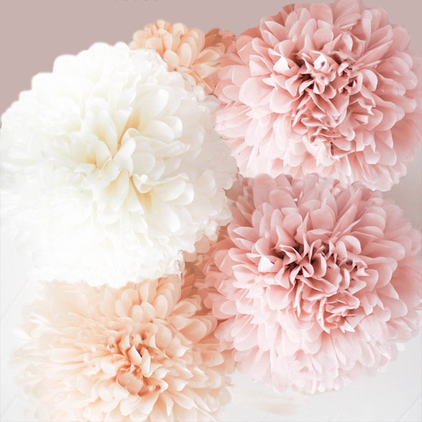 Blush & Champagne Tissue Paper Poms, Tissue Paper Pom Poms 5 Piece Set-1,5 or 10 piece Wedding decor, Blush Poms Champagne poms