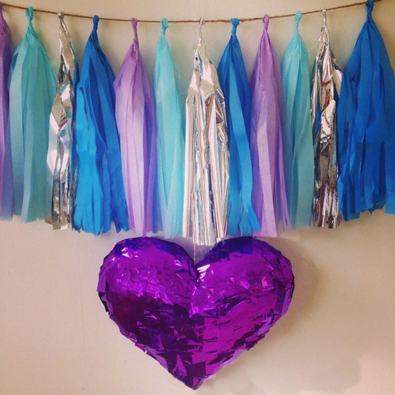 Frozen Birthday Decorations, Tassel Garland Blue, Purple and Silver Tassel Garland,  nna Elsa Princess Decor, Birthday Party, Baby Shower