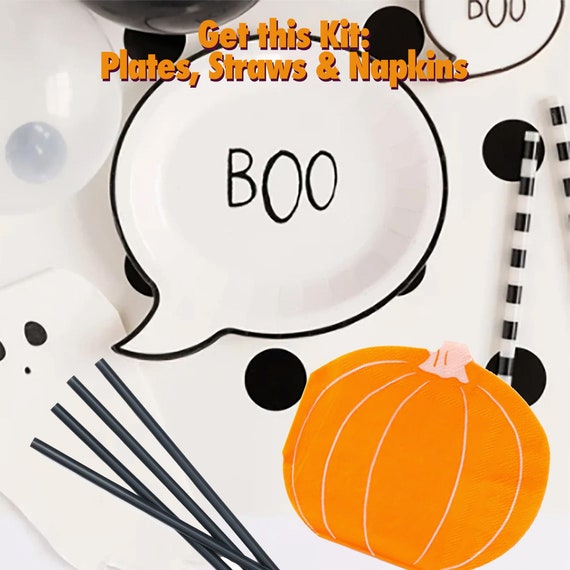 Halloween Paper Plates & Tableware Kit, Boo Bash, Ghost Paper Plates, Halloween Party Straws, pumpkin napkins, Baby Boo is almost due Shower