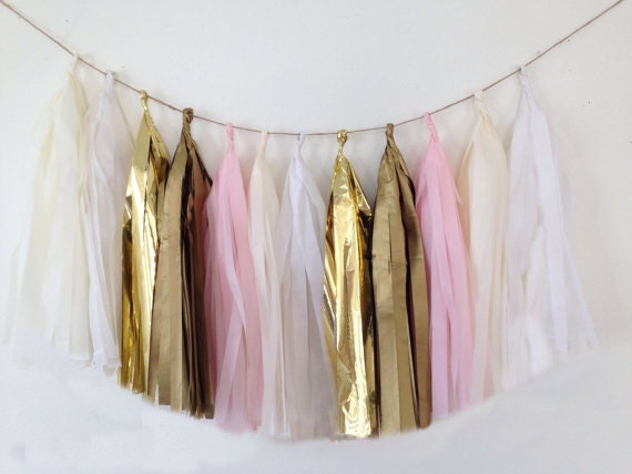 Tassel garland blush pink, gold, pink or rose gold, tissue tassel, First Birthday Decor, Boho Party, Baby Sprinkles Shower Party Decor