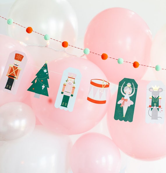 Nutcracker Banner, 2 Christmas Decorations, Holiday pastel pink, white, green party decor, Cups & Plates Birthday Party, Christmas lunch