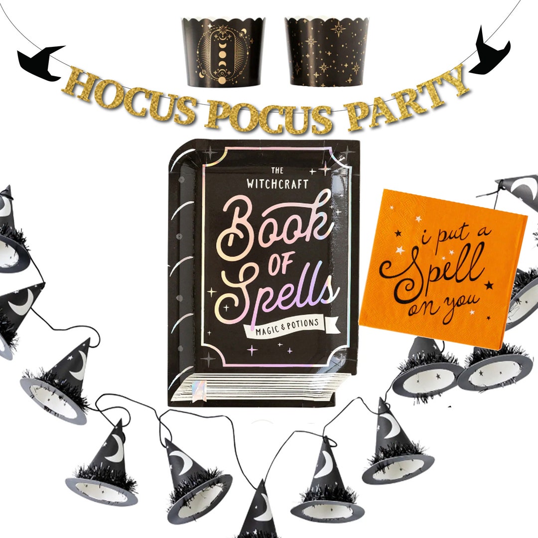 Halloween Party Book of Spells Plates, Napkins, Witches Hat Banner