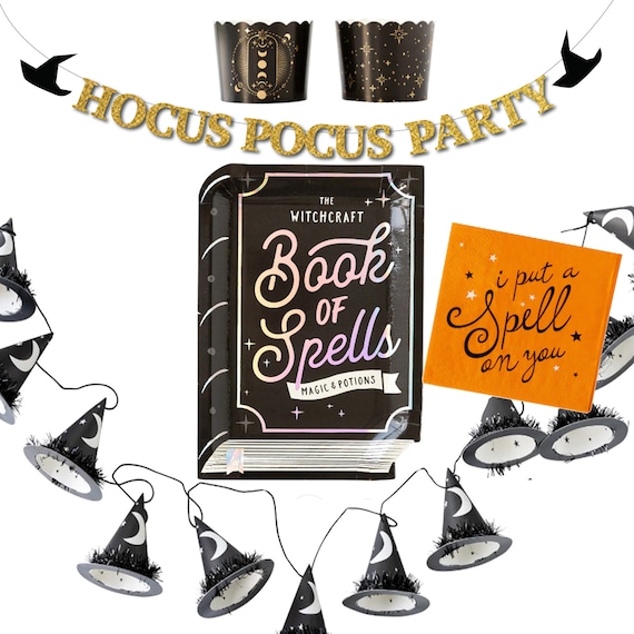 Halloween Party Book of Spells Plates, Napkins, Witches Hat Banner,Birthday and Baby Shower, Hocus Pocus Banner