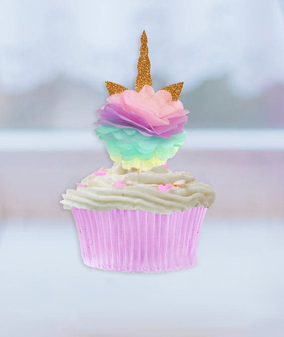 Unicorn Cupcake Toppers, Birthday Party Ideas, Unicorm Pom Poms Topper,/ Pink Purple, Mint Yellow, Gold Horn