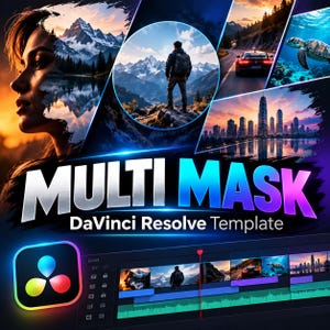May include: A DaVinci Resolve template graphic titled MULTI MASK featuring a collage of images including a person looking at mountains, a hiker, a car on a road, a sea turtle, and a city skyline, with the DaVinci Resolve software icon below.