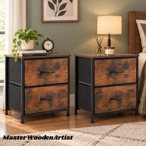 Set of 2 Fabric Drawer Nightstands, Metal Frame, Water-Resistant Wood Top, Small Bedside Tables