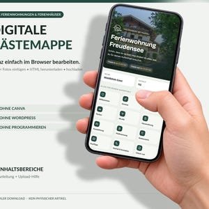Könnte beinhalten: Ein Smartphone mit einer digitalen Gästemappe für Ferienwohnungen. Auf dem Bildschirm sind Texte wie 'DIGITALE GÄSTEMAPPE', 'Ferienwohnung Freudensee' sowie verschiedene Navigationssymbole für WLAN, Parken und Check-out zu sehen.