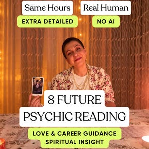 May include: A person wearing a floral shirt and layered gold necklaces holds a tarot card. Text overlays read: Same Hours, Real Human, EXTRA DETAILED, NO AI, 8 FUTURE PSYCHIC READING, LOVE & CAREER GUIDANCE, SPIRITUAL INSIGHT.