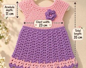 Vestido de bebé de ganchillo hecho a mano, color rosa malva con flores, talla 3-6 meses (hilo acrílico).