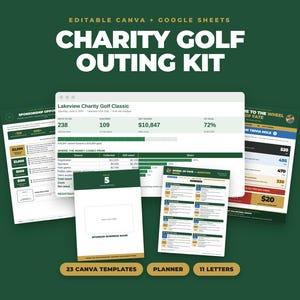 May include: A digital charity golf outing kit featuring editable Canva templates and Google Sheets. The display includes documents titled Lakeview Charity Golf Classic, Sponsorship Opportunities, and Wheel of Fate, showcasing data charts, tables, and event planning forms.