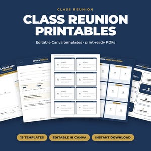 May include: A collection of Class Reunion printable templates featuring editable Canva designs and print-ready PDFs. The set includes RSVP cards, tickets, mock election ballots, and photo wall signs with dark blue and gold accents.