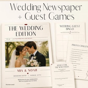 Wedding Newspaper Canva Template & Guest Games Bundle, Burgundy Editorial Program