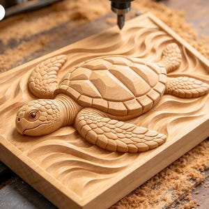 May include: A light-colored wooden plaque featuring a relief carving of a sea turtle swimming through stylized waves. The turtle has a detailed shell and textured flippers, with a CNC router bit visible above the wood surface.