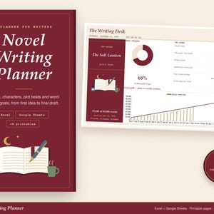 May include: A digital novel writing planner in deep red featuring a dashboard with progress charts, word count tracking, and writing goals. The interface includes an open book icon, a pen, and a moon graphic. Text includes Novel Writing Planner, Excel, Google Sheets, and 12 tabs ready to write in.