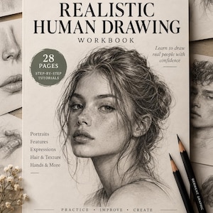 May include: A workbook titled Step-by-Step Realistic Human Drawing featuring a graphite portrait of a person on the cover. The book includes 28 pages of tutorials on portraits, features, expressions, hair, texture, and hands, with two pencils.