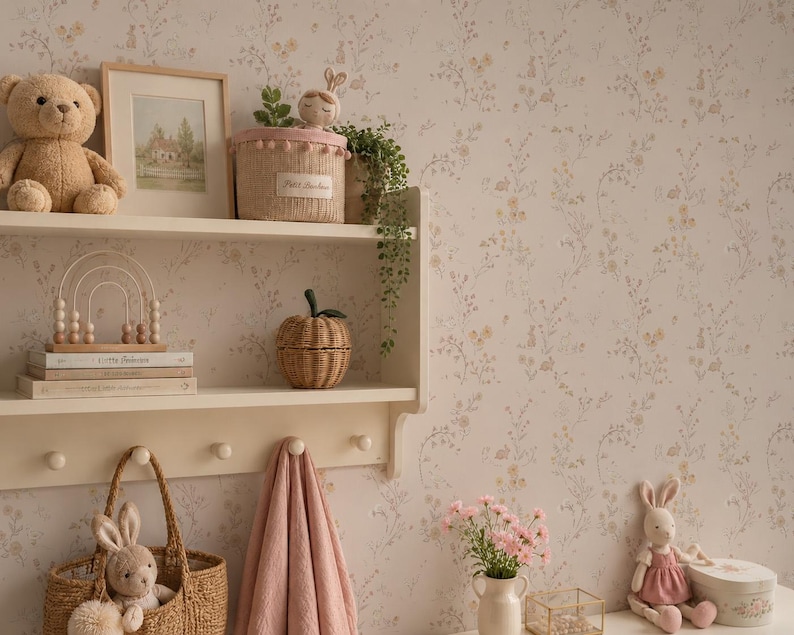 Bunny Floral Wallpaper, Vintage Nursery Wallpaper, Ditsy Flower Wall ...