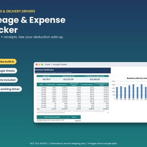 1099 Driver Tax Bundle: Mileage Log & Quarterly Estimated Tax Tracker Spreadsheet, Self Employed Deduction Planner, Excel Google Sheets
