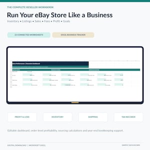 Könnte beinhalten: Das Complete Reseller Workbook mit dem Titel Run Your eBay Store Like a Business enthält 22 verbundene Arbeitsblätter und einen Excel-Business-Tracker. Es umfasst ein Store Performance Executive Dashboard mit Tools zur Nachverfolgung von Gewinn, Verlust, Inventar, Versand und Steuerunterlagen für Microsoft Excel.