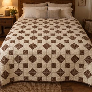 May include: A bed quilt featuring a repeating geometric pattern of cream-colored squares and brown floral-print diamonds. The textile is stitched with a grid design and covers a bed with multiple pillows, including a central rectangular bolster.