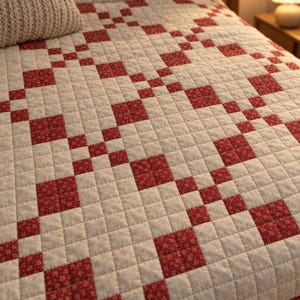 May include: A quilted bedspread featuring a repeating geometric pattern of small, square red fabric blocks with a white snowflake print, alternating with larger blocks of solid cream-colored fabric, all joined by a grid of visible stitching.